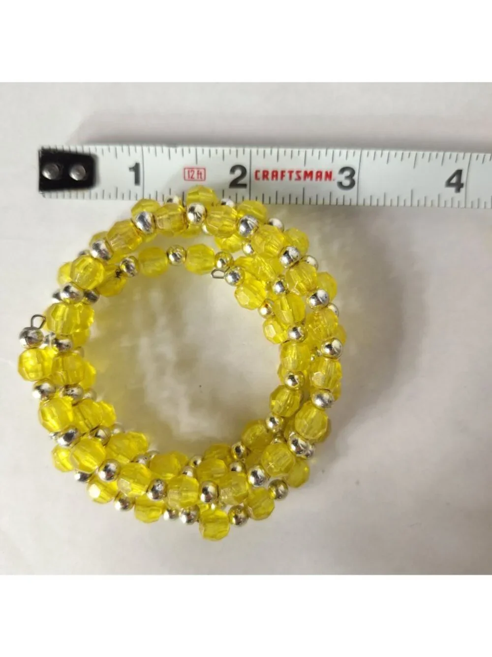 Yellow Faceted Bead Coil Bracelet Silver Tone Wire Wrap Multi Strand Memory Wire